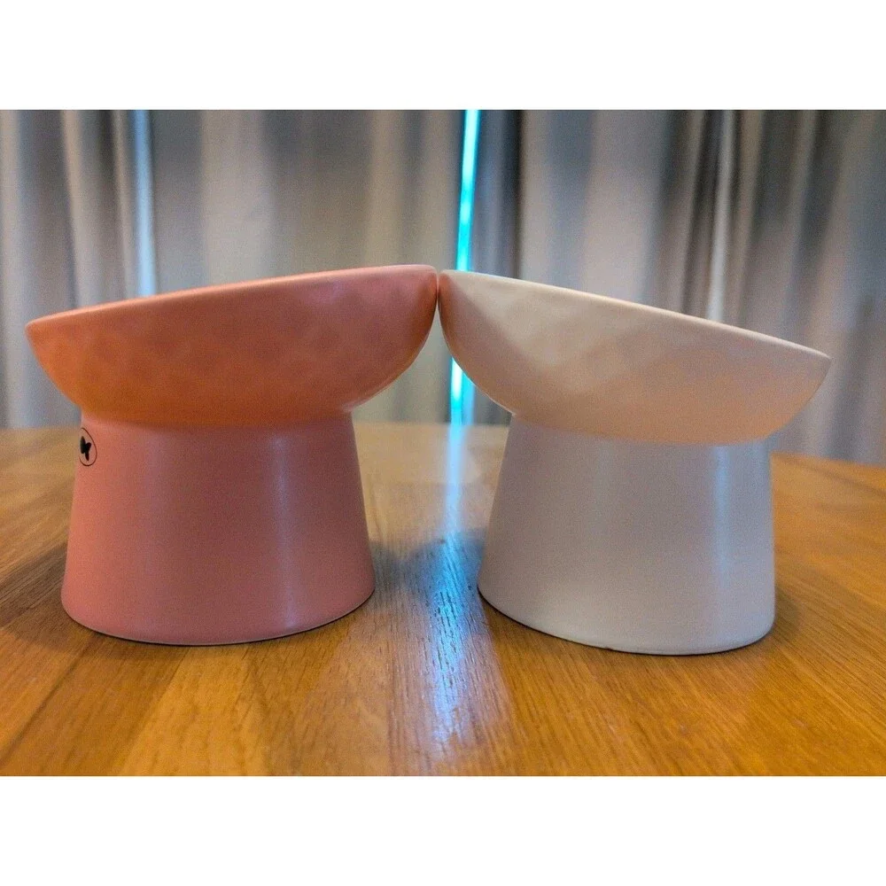 Cat Food Bowl Set Tilted Elevated White & Pink Ceramic Cute!! 5